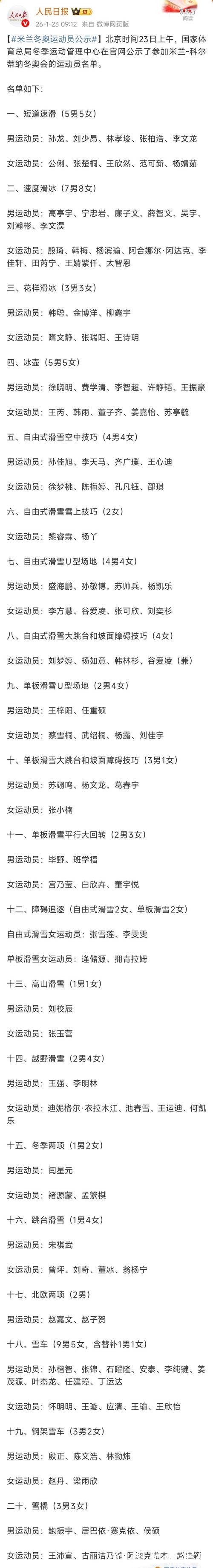米兰冬奥会中国参赛运动员名单公示，苏翊鸣、谷爱凌等在列